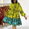 Colorblock Printed Lantern Sleeve Swing Dress