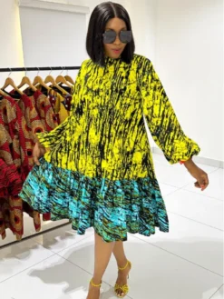 Colorblock Printed Lantern Sleeve Swing Dress