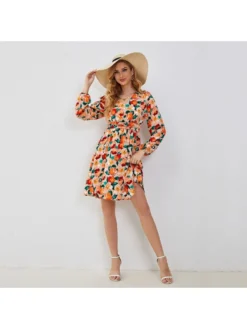 Flower High Rise Fitted Bohemian Long Sleeves Dress