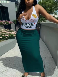 Letter Printed U Neck Cropped Tanks Skirt Sets
