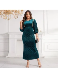 Crew Neck Puff Sleeve Fitted Long Sleeves Dress