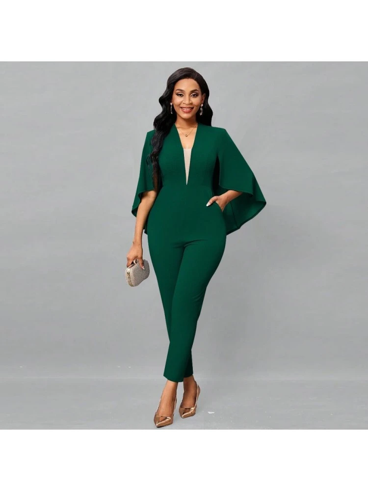 Patchwork Batwing Sleeve Fitted Jumpsuits - Image 2