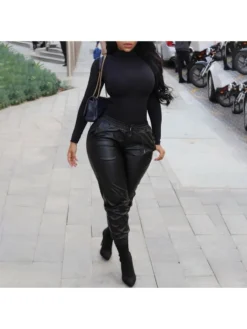 Solid Color PU High Rise Plus Pants