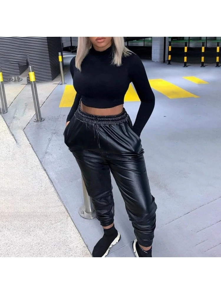 Solid Color PU High Rise Plus Pants - Image 2