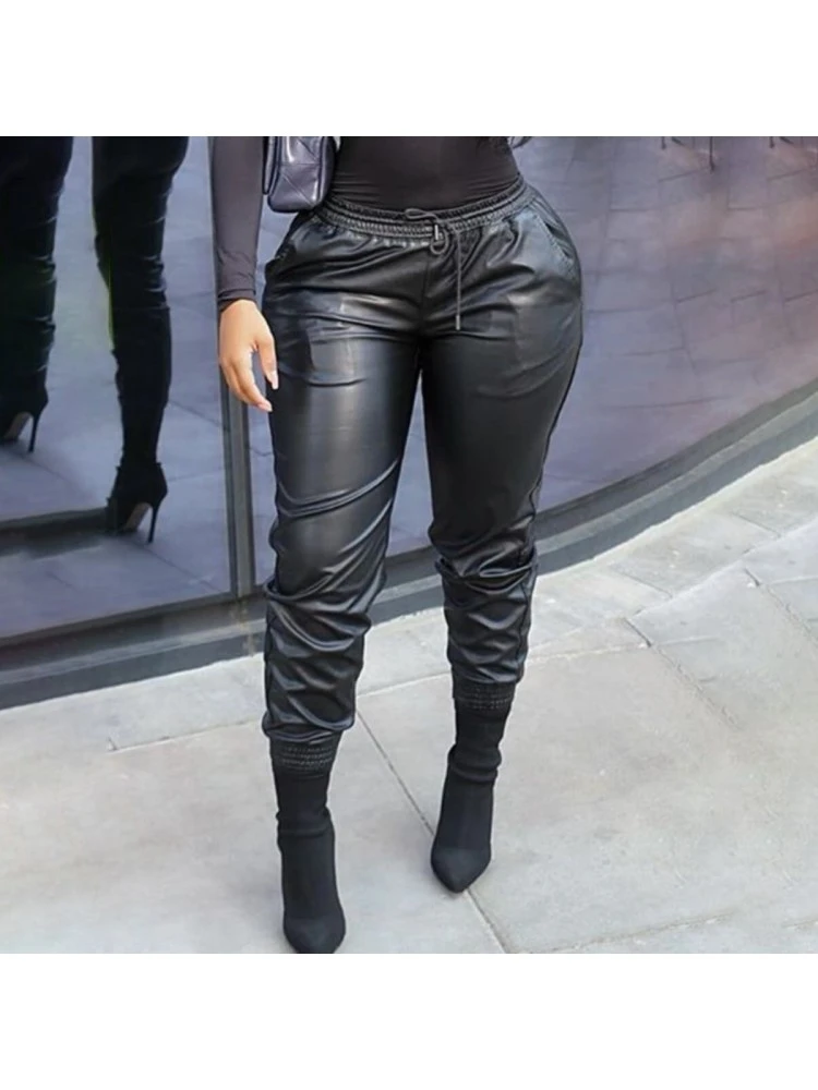 Solid Color PU High Rise Plus Pants - Image 3