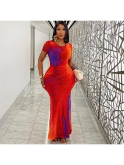 Contrast Color Fitted Short Sleeve Maxi Dress