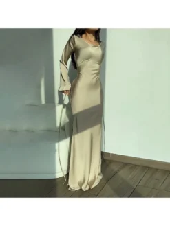 Solid Color Spaghetti Straps Fitted Long Sleeves Dress