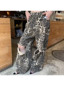 Ripped Leopard Denim Loose Pants