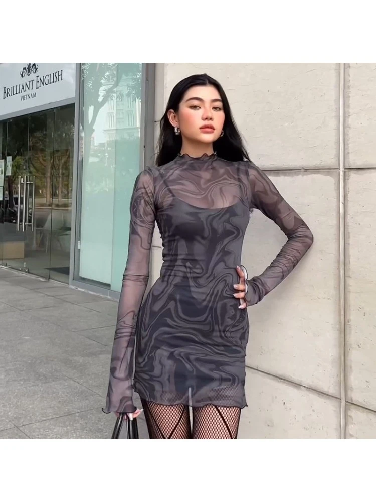 Geometric Pattern See Through Bodycon Long Sleeves Dress