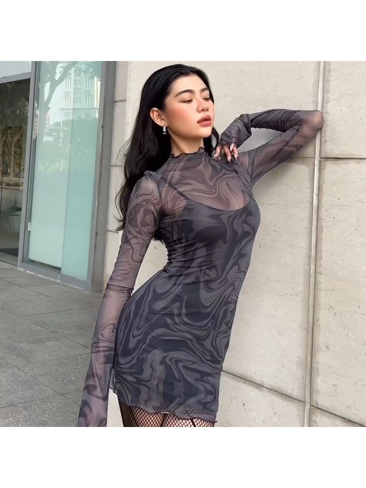 Geometric Pattern See Through Bodycon Long Sleeves Dress - Image 2