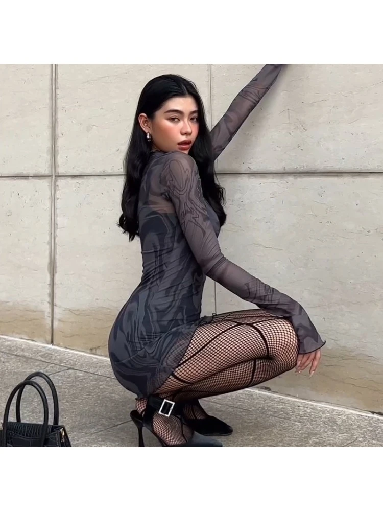 Geometric Pattern See Through Bodycon Long Sleeves Dress - Image 3