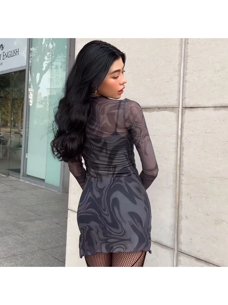 Geometric Pattern See Through Bodycon Long Sleeves Dress - Image 4