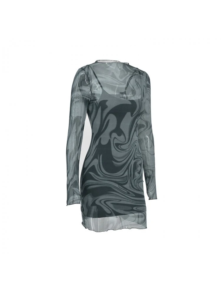 Geometric Pattern See Through Bodycon Long Sleeves Dress - Image 8