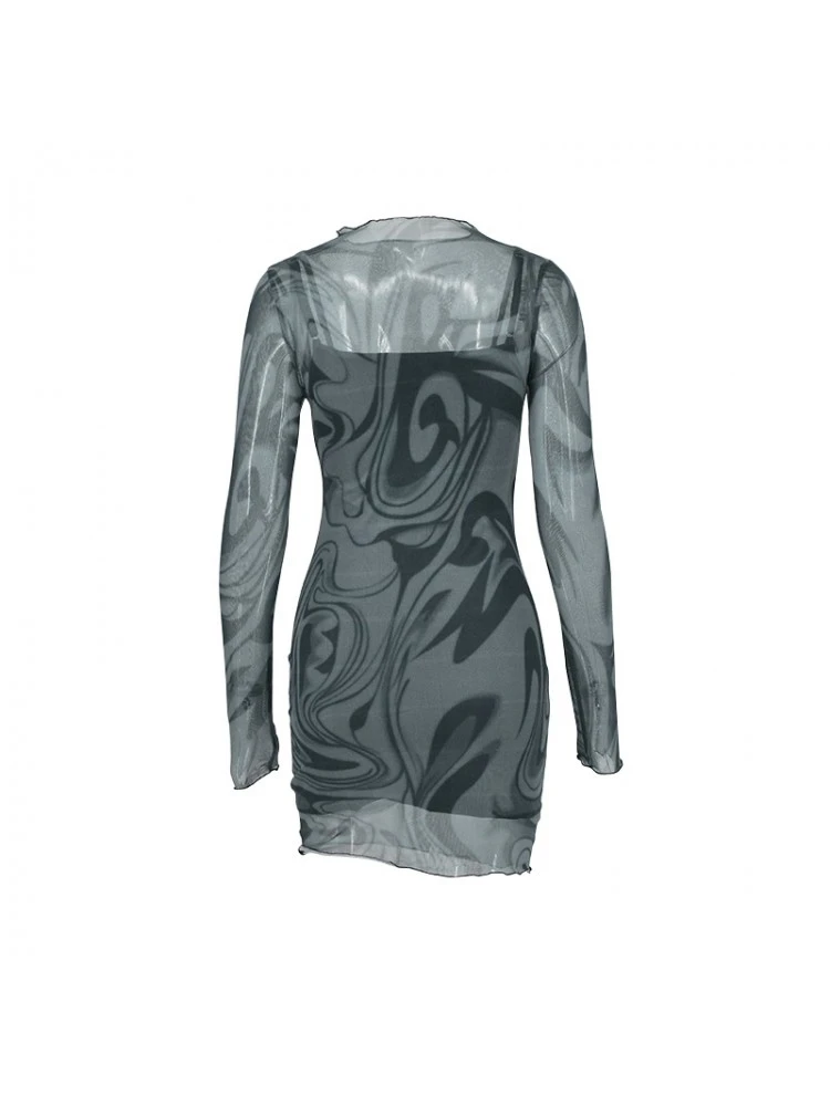 Geometric Pattern See Through Bodycon Long Sleeves Dress - Image 9
