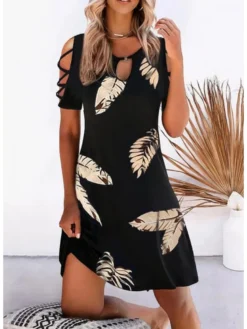 Leaf Print Hollow Out A-line Vacation Dress