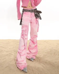 Ruched Cargo Pocket Denim Flared Jeans