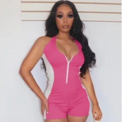 Colorblock Zipper Halter Backless Rompers