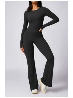 Solid Color Crew Neck Flared Jumpsuits