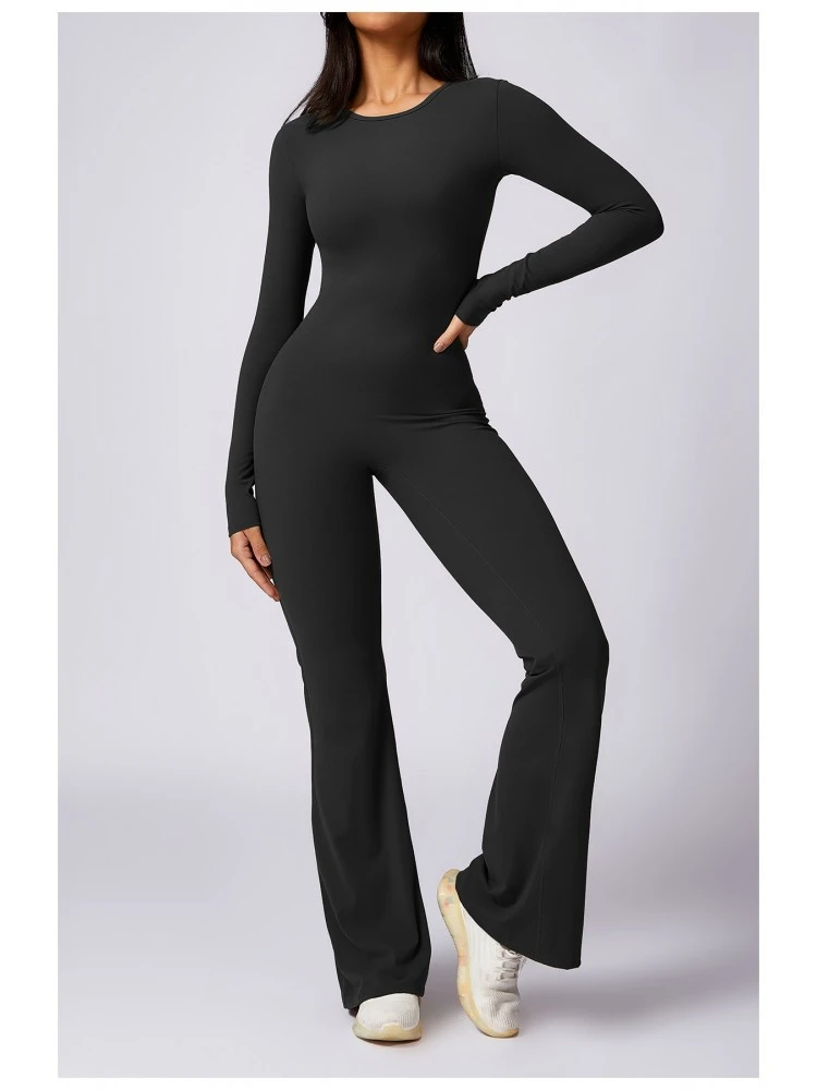 Solid Color Crew Neck Flared Jumpsuits