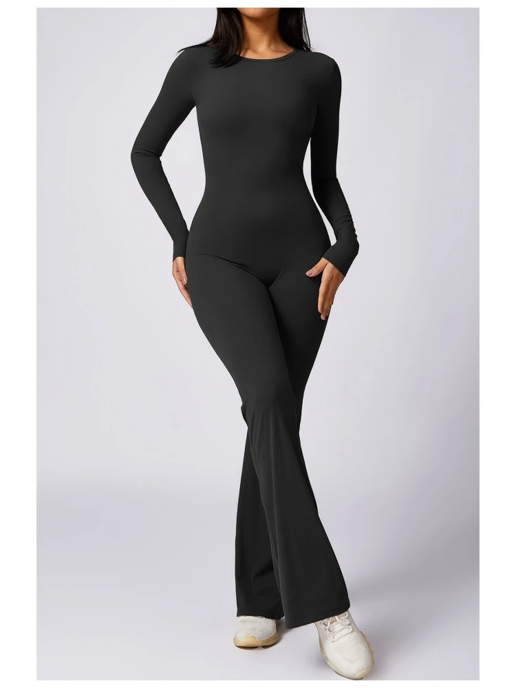 Solid Color Crew Neck Flared Jumpsuits - Image 2