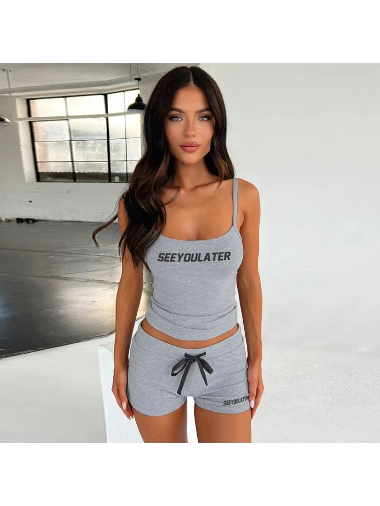 Letter Pattern Spaghetti Straps Leisure Trouser Sets - Image 2