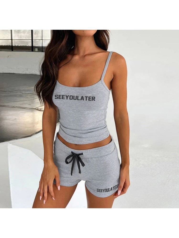 Letter Pattern Spaghetti Straps Leisure Trouser Sets - Image 3