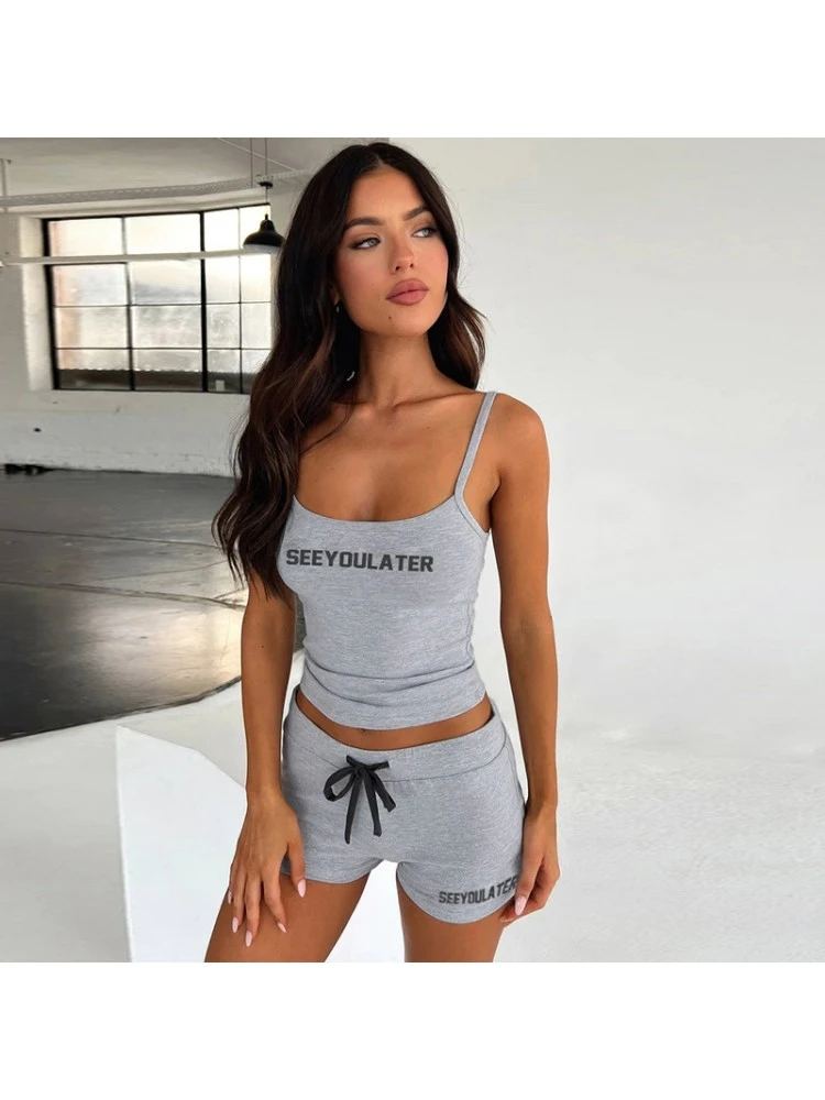 Letter Pattern Spaghetti Straps Leisure Trouser Sets - Image 4