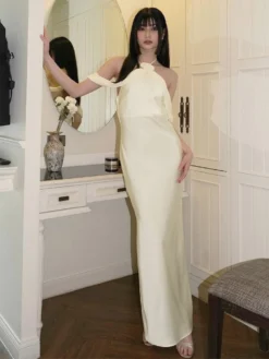 Halter Lace Up Backless Split Hem Maxi Dresses