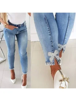 Butterfly Pattern Beading Split Hem Slim Jeans