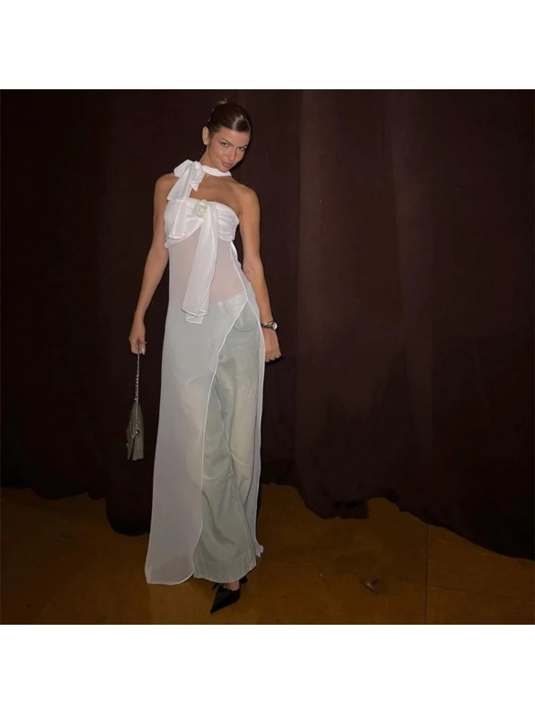 See Through Flower Strapless Scarf Dresses