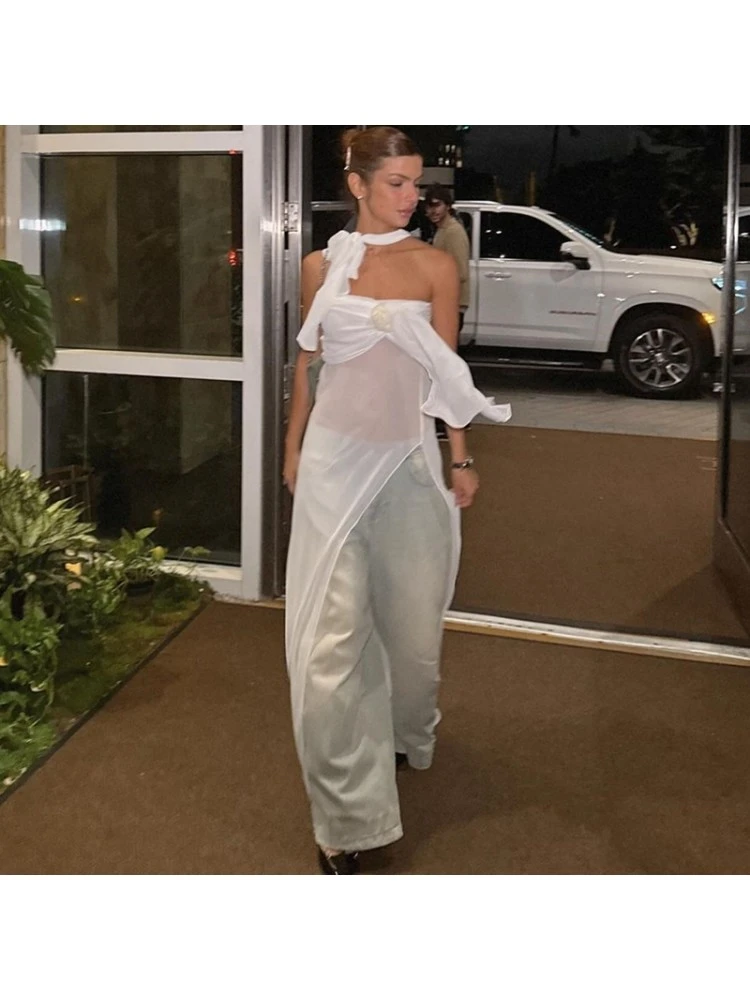 See Through Flower Strapless Scarf Dresses - Image 2