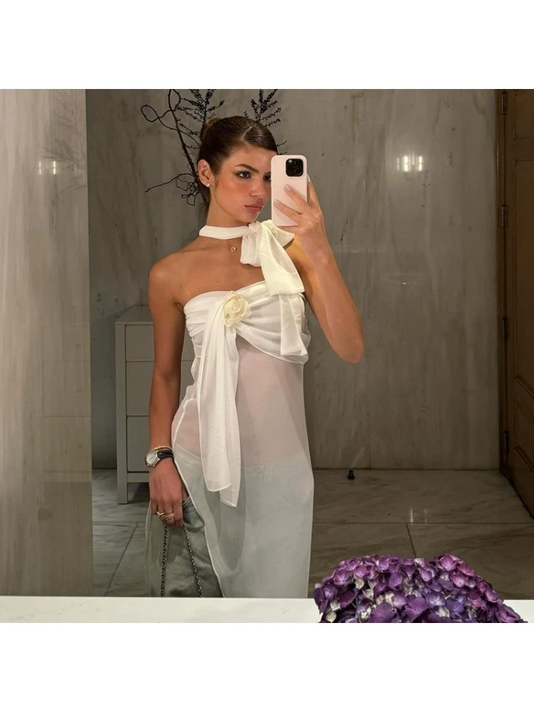 See Through Flower Strapless Scarf Dresses - Image 3