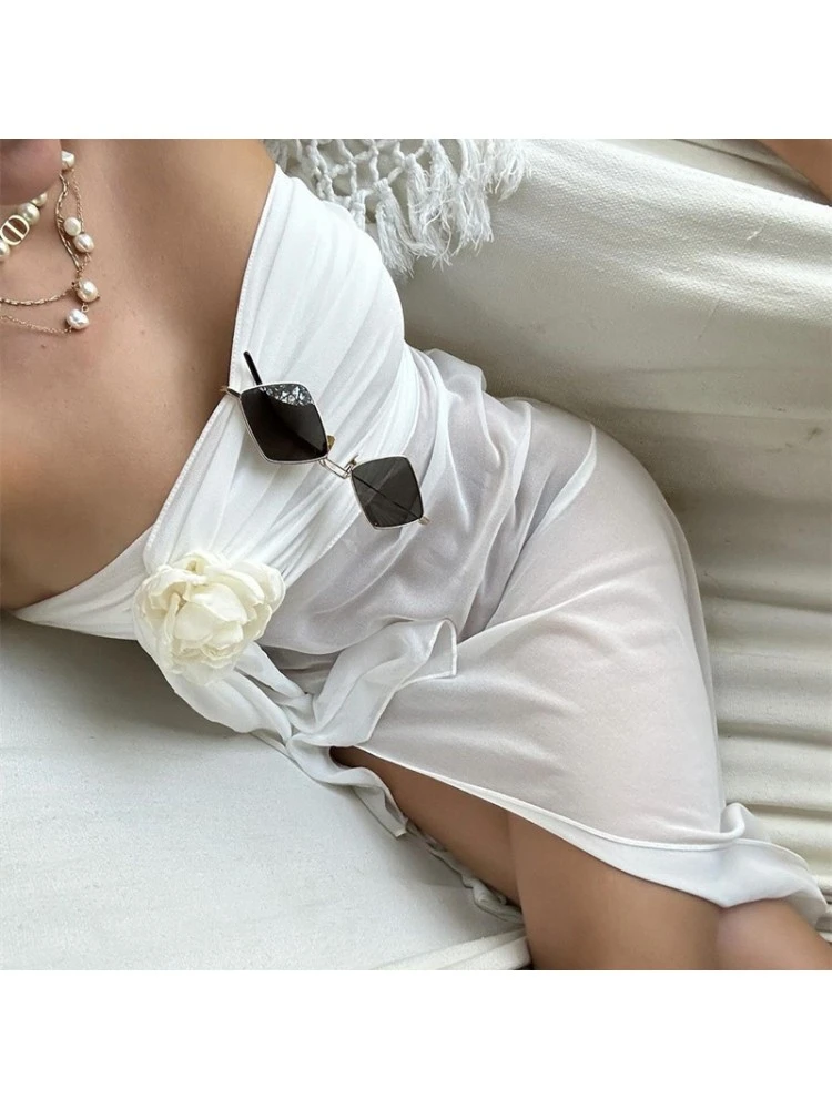 See Through Flower Strapless Scarf Dresses - Image 4