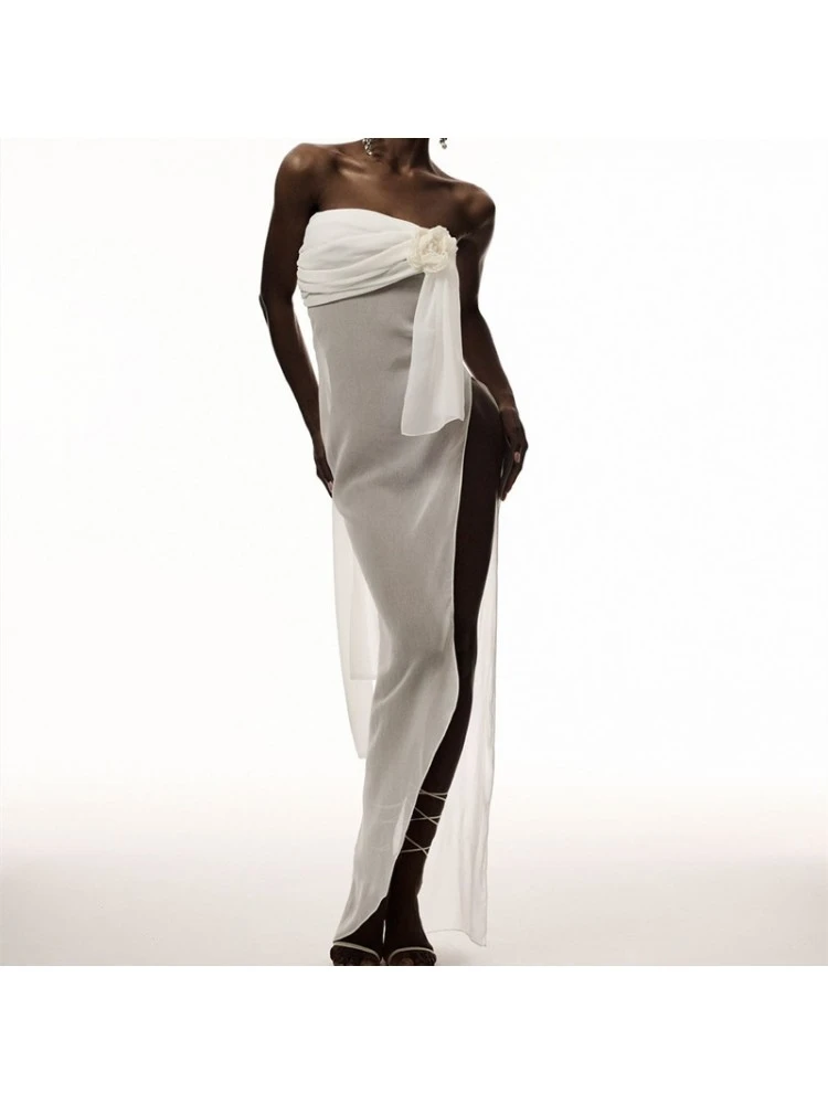 See Through Flower Strapless Scarf Dresses - Image 6