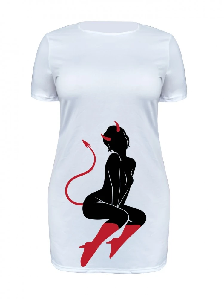 Solid Color Crew Neck Loose Plus Short Sleeve Dress - Image 2