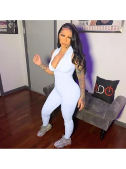 Rib Zipper Patchwork Fitted Jumpsuits