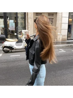 Patchwork PU Cropped Collar Jackets