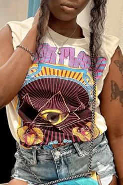 Letter Printed Crewneck Pullover Tanks