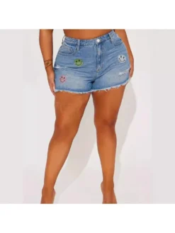 Solid Color Denim Mid-rise Plus Shorts