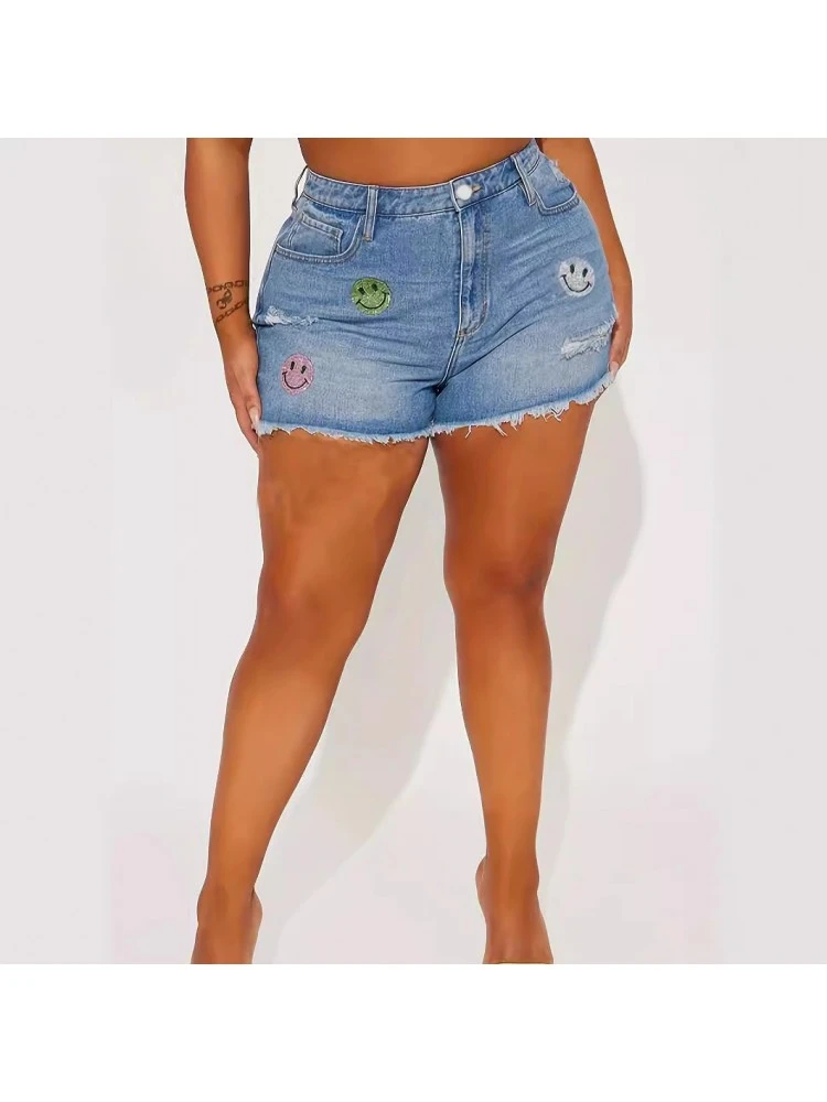 Solid Color Denim Mid-rise Plus Shorts