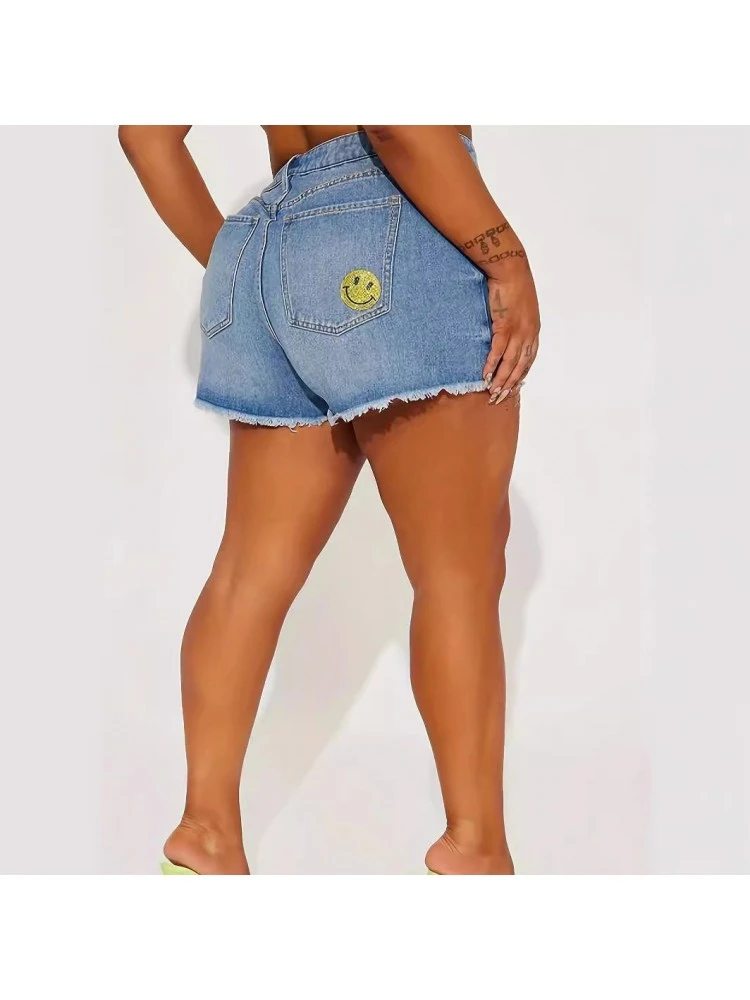 Solid Color Denim Mid-rise Plus Shorts - Image 2