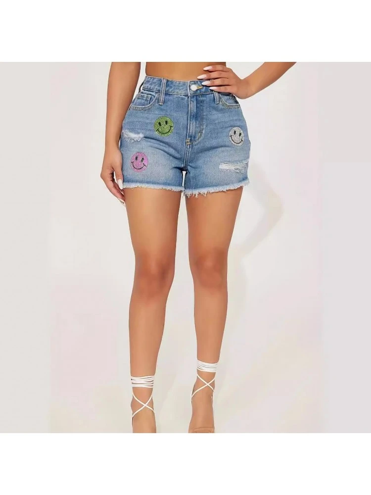 Solid Color Denim Mid-rise Plus Shorts - Image 3