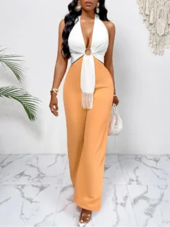 Colorblock Halter Neck Backless Wide Leg Jumpsuits