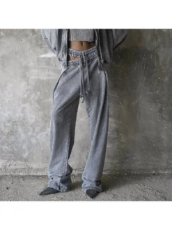 Solid Color Cotton Mid-rise Pants