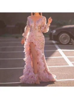 Square Neck Lace Zipper Long Sleeves Dress