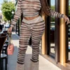 Patchwork Striped Turtleneck Crop Tee Trouser Sets