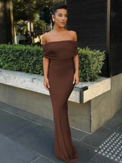 Solid Color Ruched Backless Maxi Dresses
