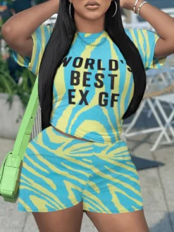 Colorblock Letter Pattern Loose Shorts Sets
