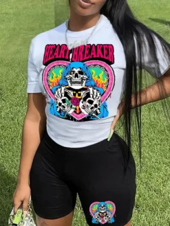 Skull Letter Printed Loose Shorts Sets
