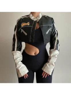 Patchwork PU Zipper Cropped Jackets